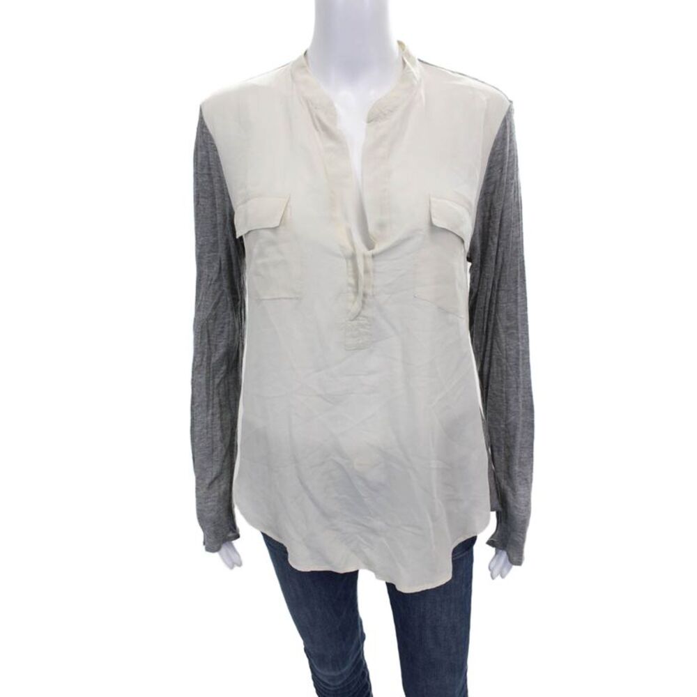 T. Babaton Womens Silk Tunic Blouse Collared Long Sleeve Colorblock Beige Size S